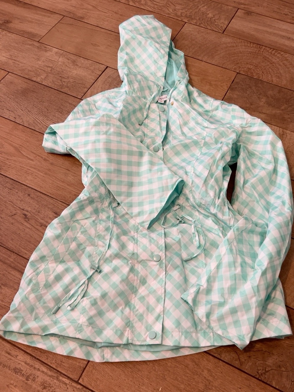 Kim Rogers Mint Gingham Hooded Rain Jacket Windbreaker Size Medium